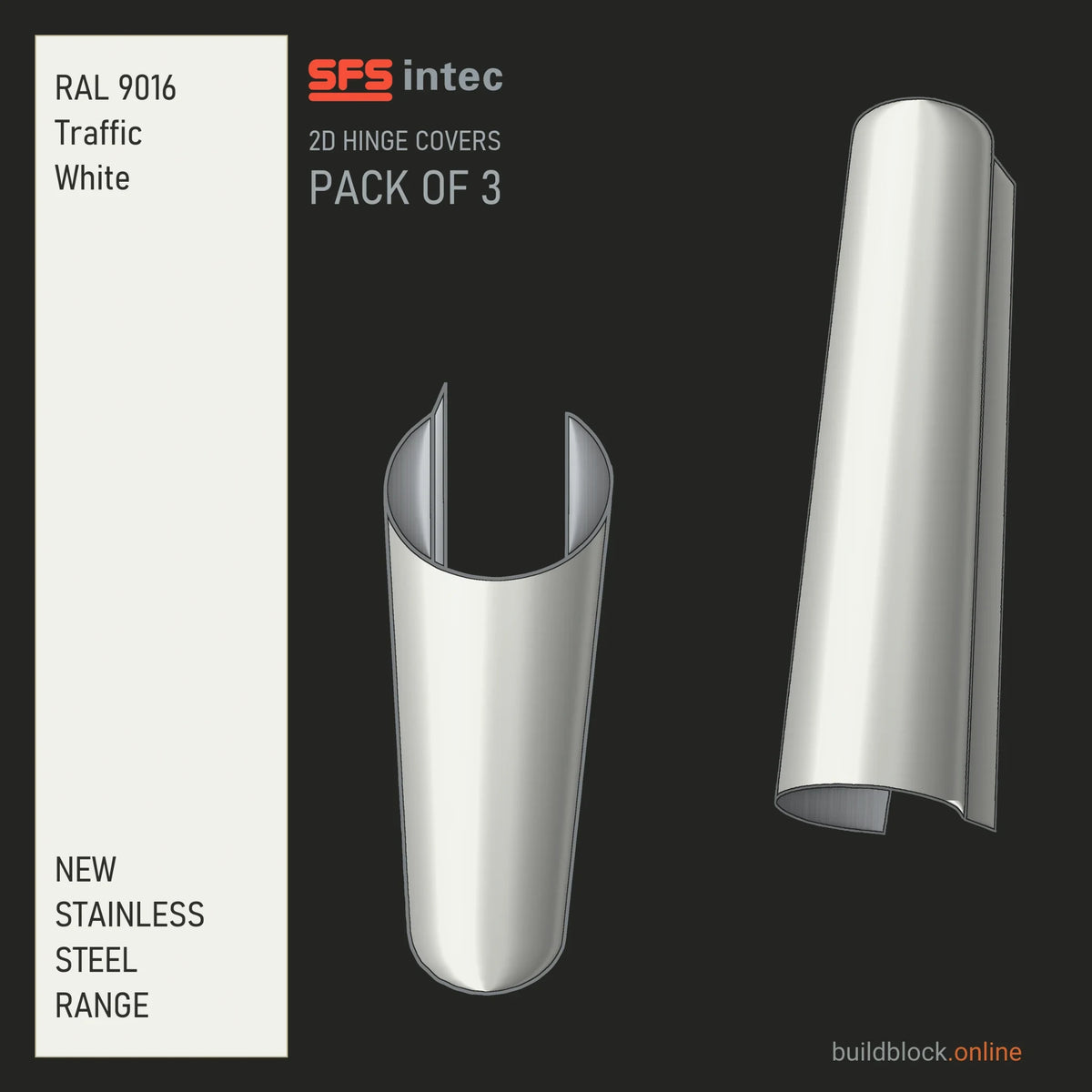 SFS Intec 2D door hinge barrel cover, stainless steel, RAL 9016 Traffic White, pack of 3