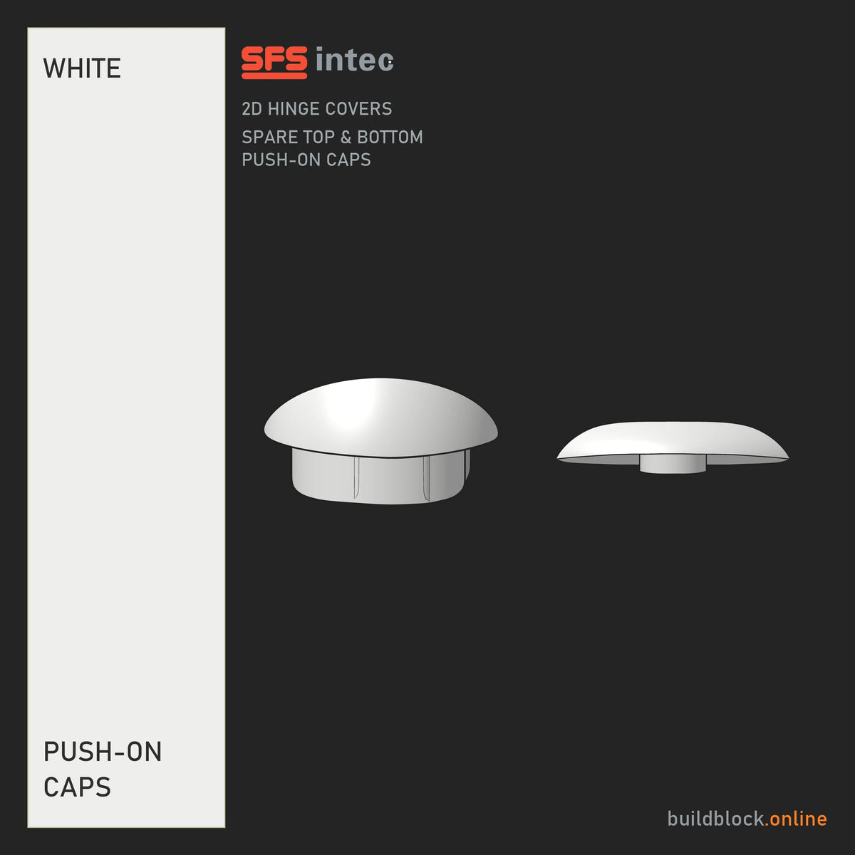 SFS Intec 2D door hinge push-on caps, white, top and bottom, a spare set of caps for the barrel covers