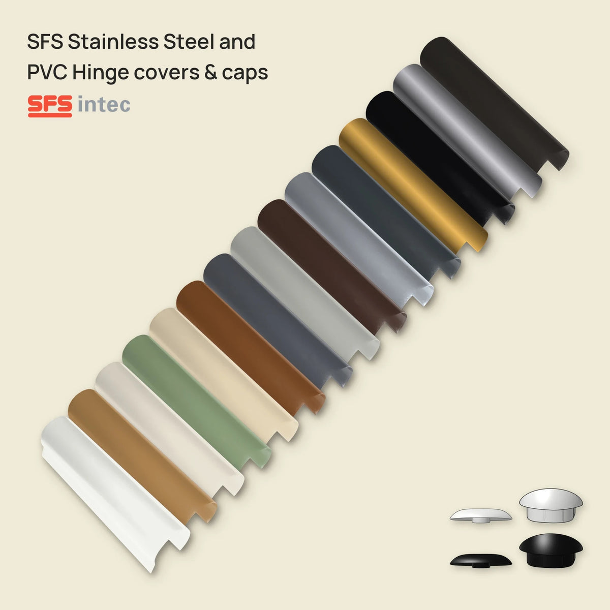 SFS Intec 2D door hinge barrel covers in 15 colours, with white and black push-on caps