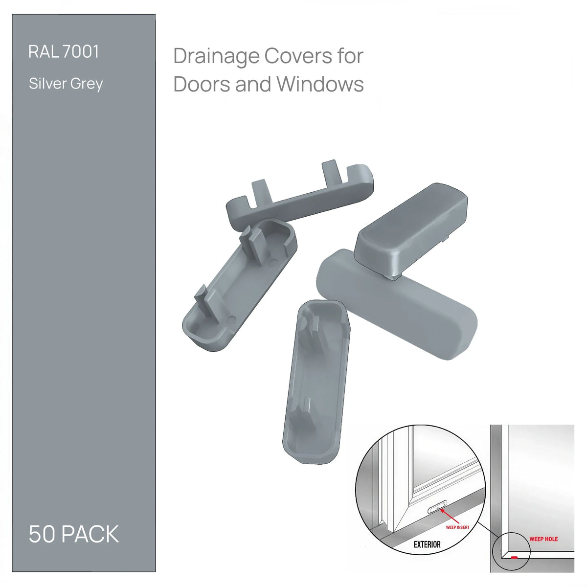 Silver Grey drainage caps, pack of 50 - push-fit covers for uPVC window and door weep slots
