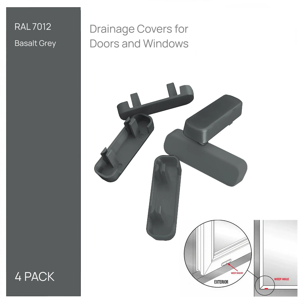 Basalt Grey drainage caps, pack of 4 - push-fit covers for uPVC window and door weep slots