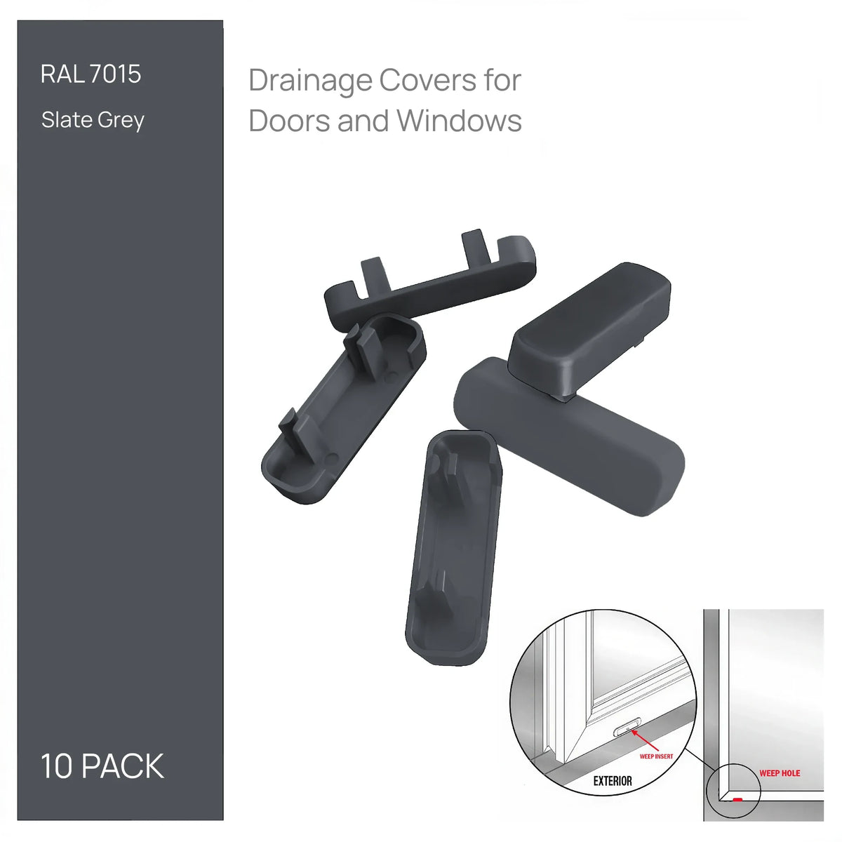 Slate Grey drainage caps, pack of 10 - push-fit covers for uPVC window and door weep slots