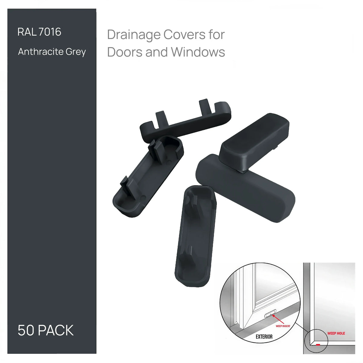 Anthracite Grey drainage caps, pack of 50 - push-fit covers for uPVC window and door weep slots