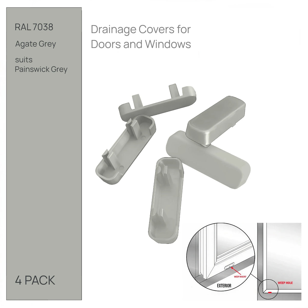 Agate Grey drainage caps, pack of 4 - push-fit covers for uPVC window and door weep slots