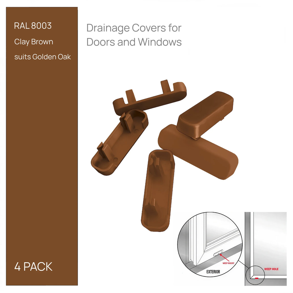 Clay Brown drainage caps, pack of 4 - push-fit covers for uPVC window and door weep slots