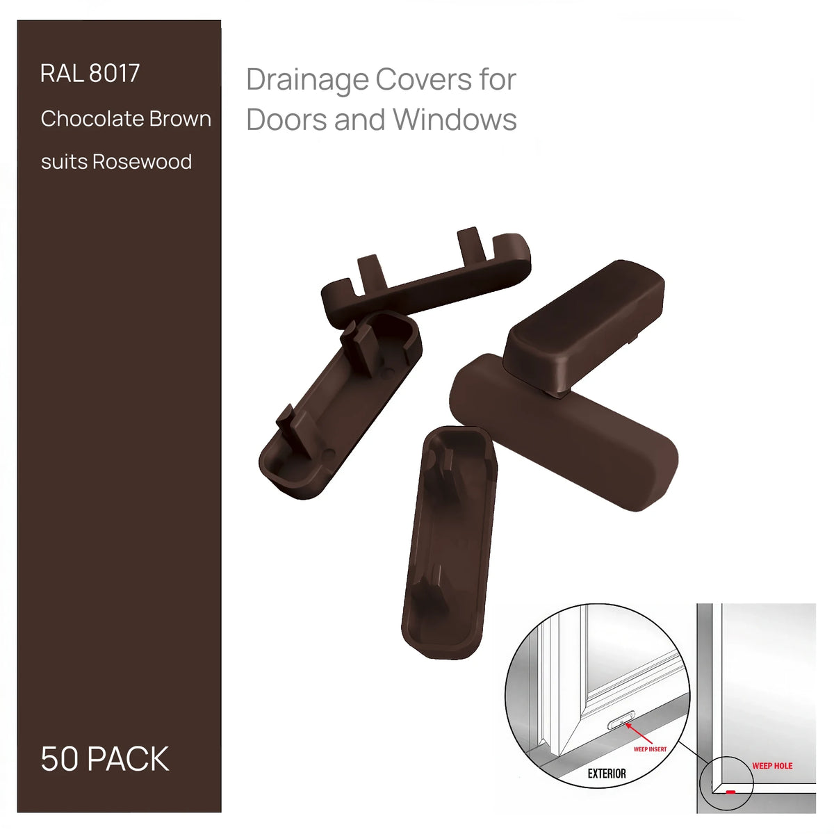 Chocolate Brown drainage caps, pack of 50 - push-fit covers for uPVC window and door weep slots