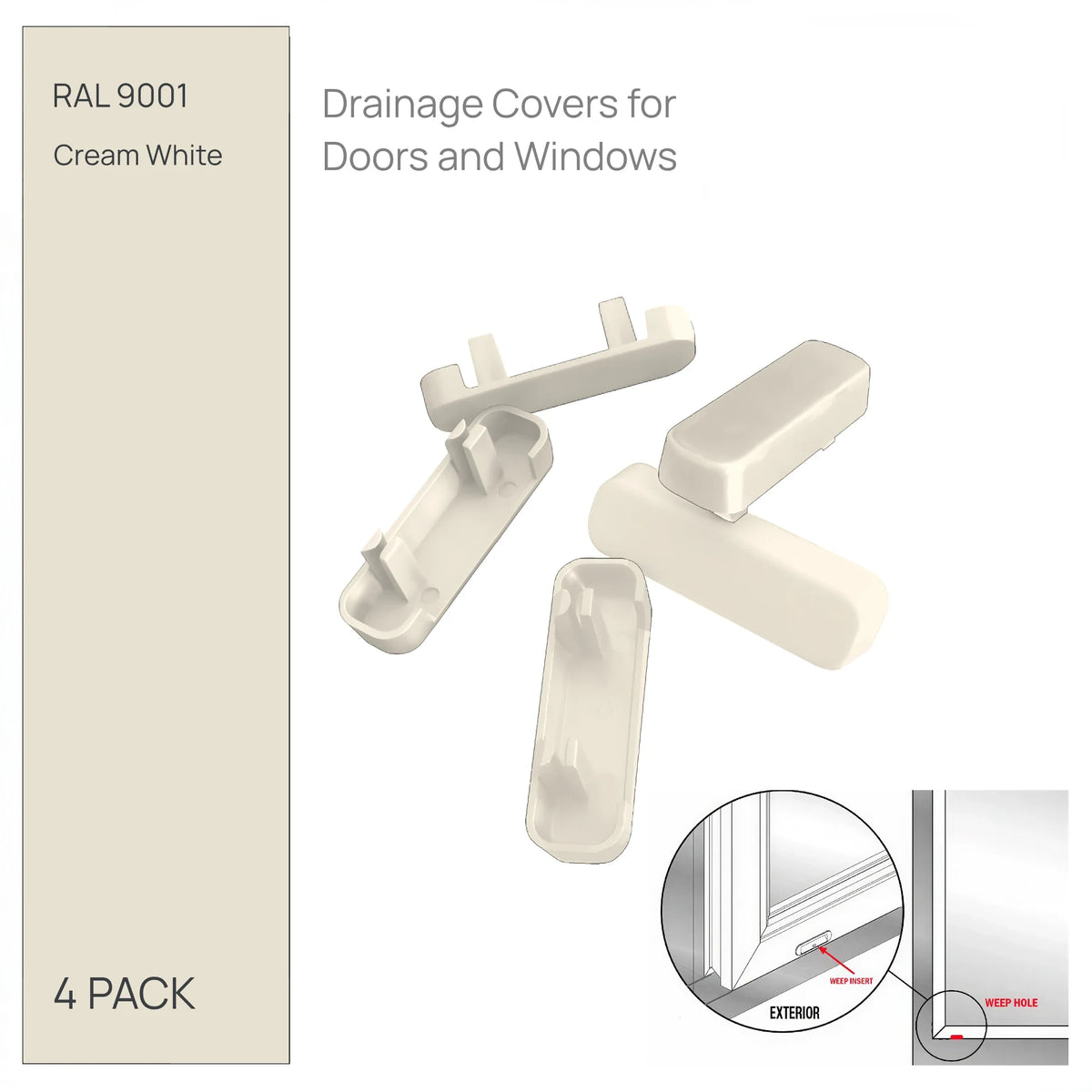 Cream drainage caps, pack of 4 - push-fit covers for uPVC window and door weep slots
