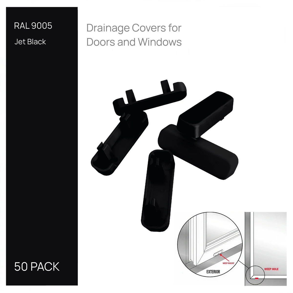 Black drainage caps, pack of 50 - push-fit covers for uPVC window and door weep slots