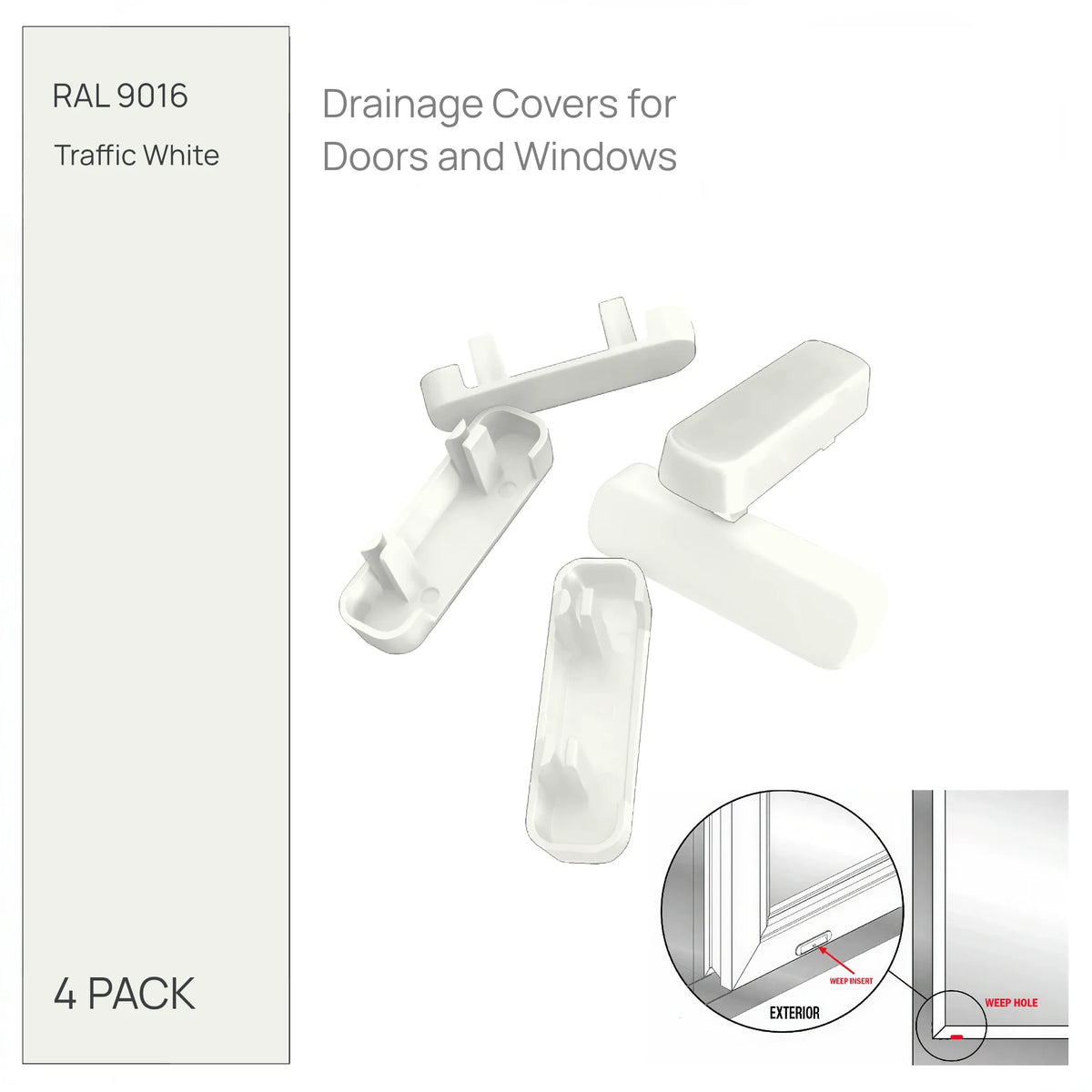 White drainage caps, pack of 4 - push-fit covers for uPVC window and door weep slots