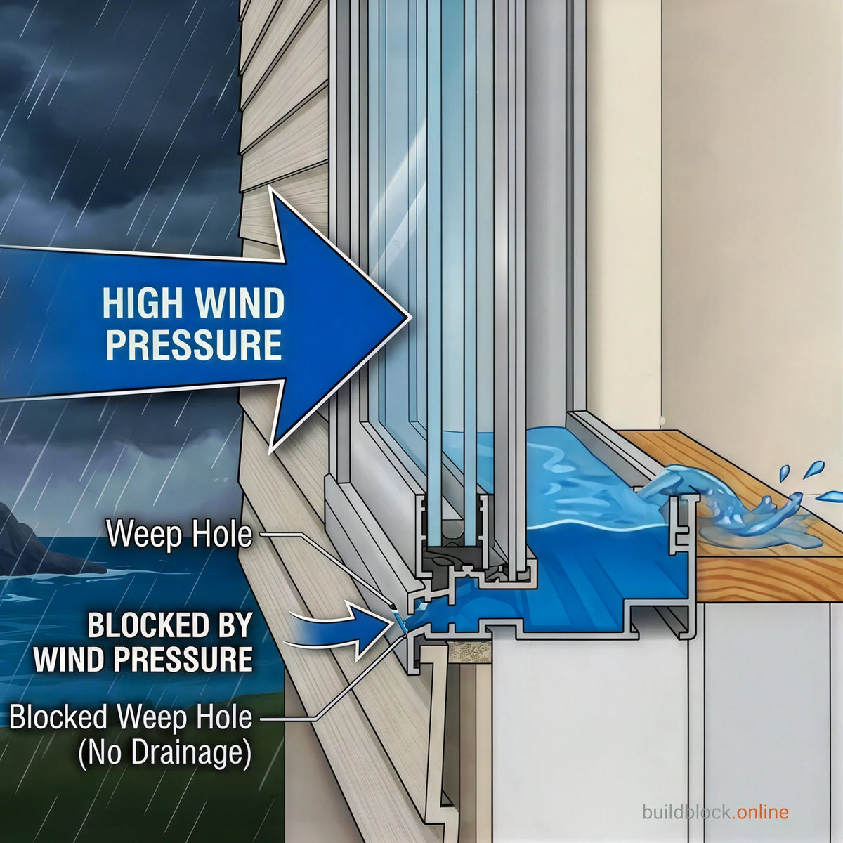 Why fit drainage caps: high wind pressure blocks an open weep hole so water cannot drain