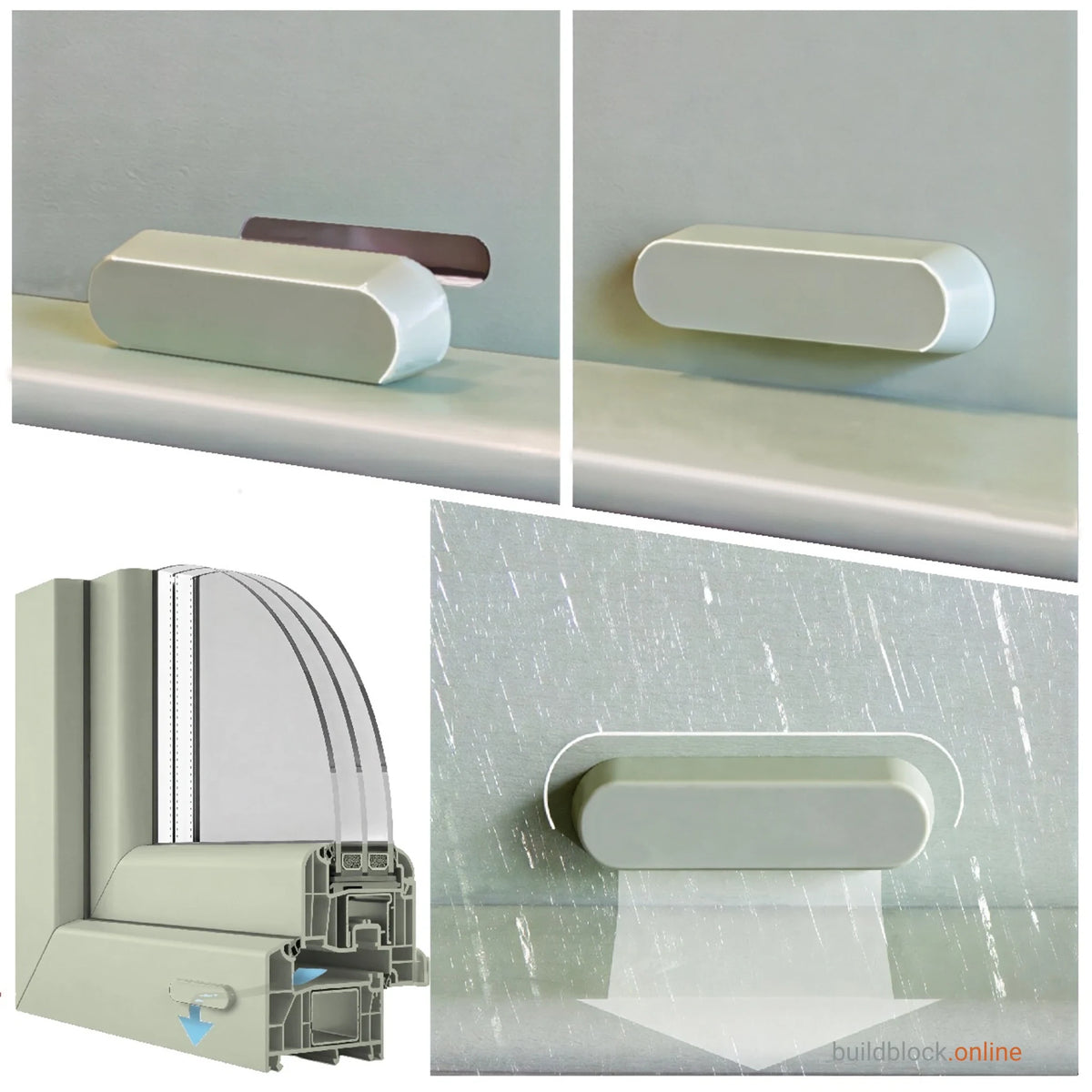 How a drainage cap works on a uPVC window frame, water draining out under the cap