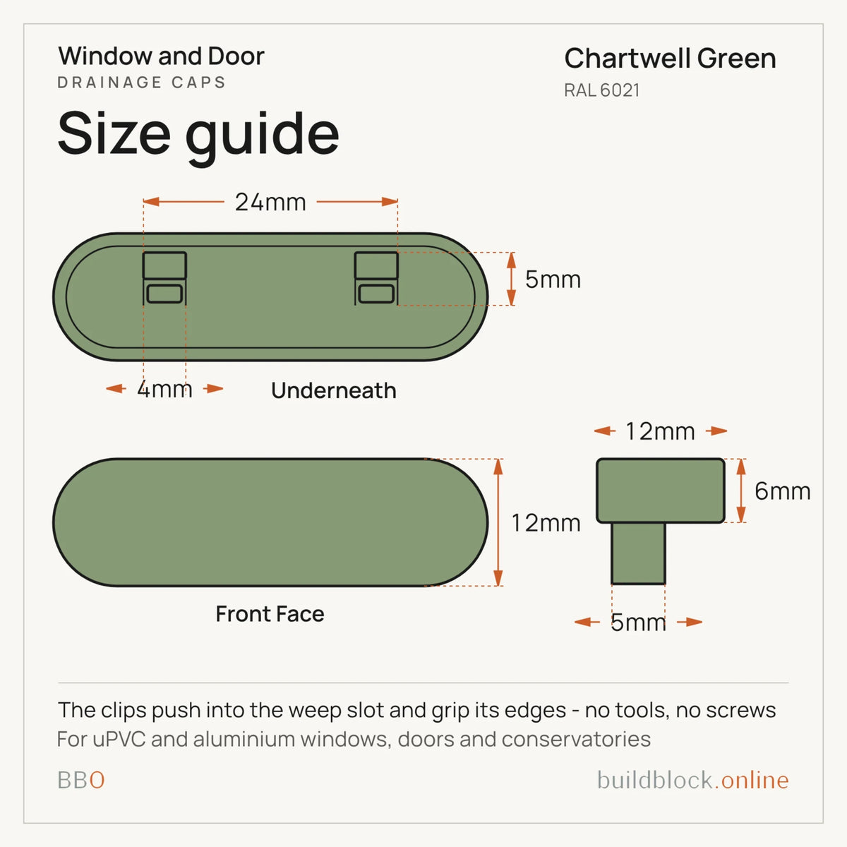 Chartwell Green drainage cap underneath and end-on drawing