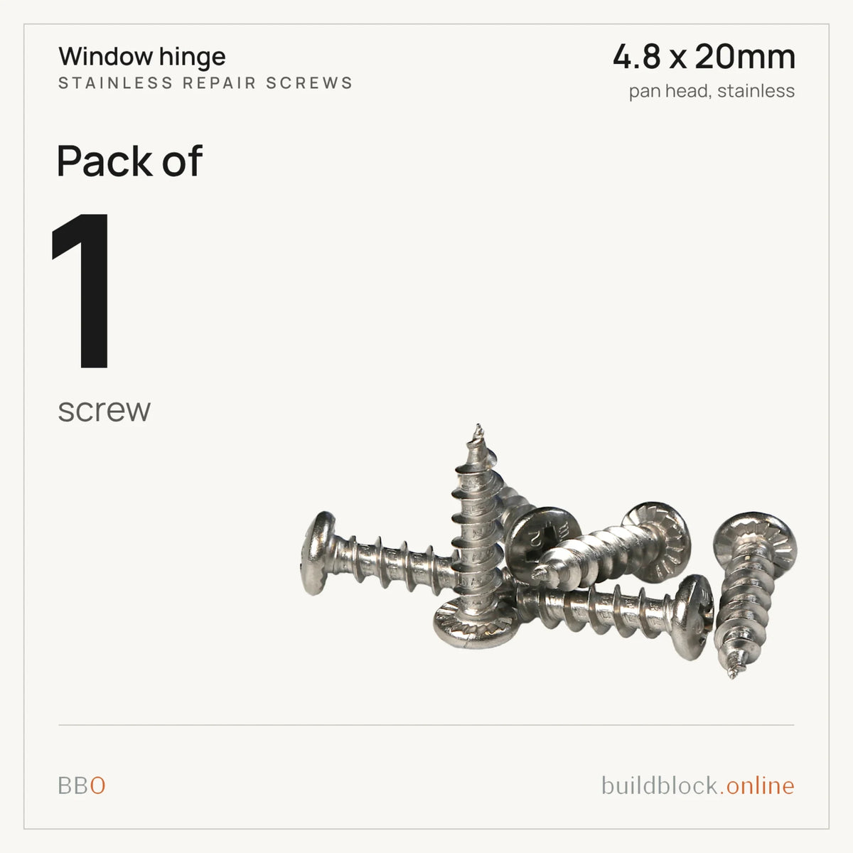 Pack of 1 stainless repair screw 4.8 x 20mm