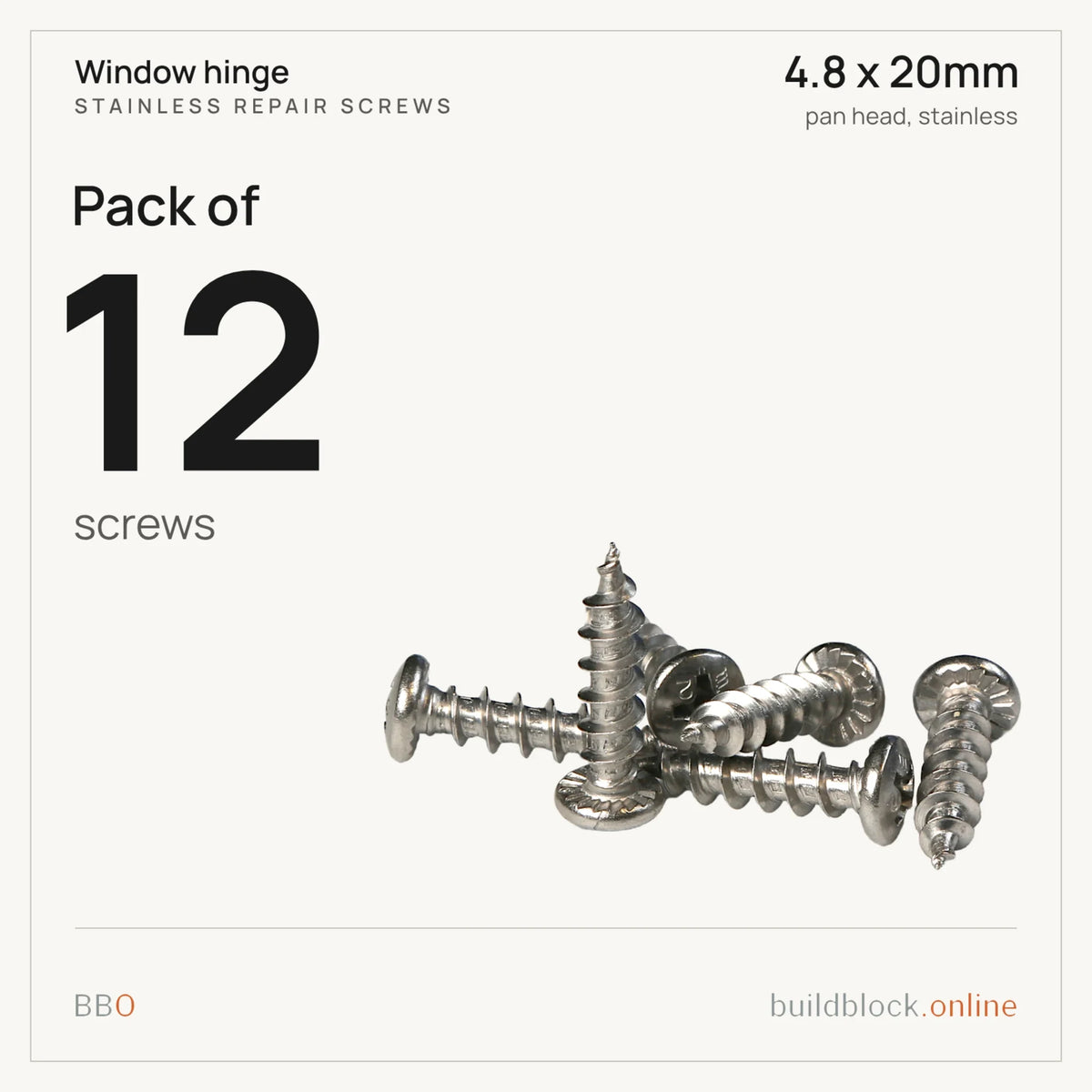 Pack of 12 stainless repair screws 4.8 x 20mm