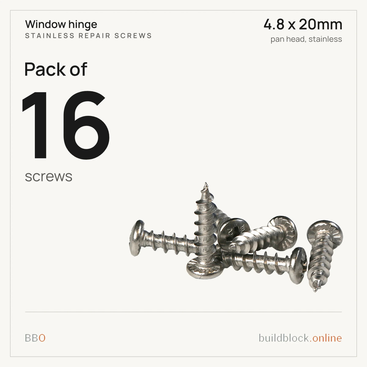 Pack of 16 stainless repair screws 4.8 x 20mm