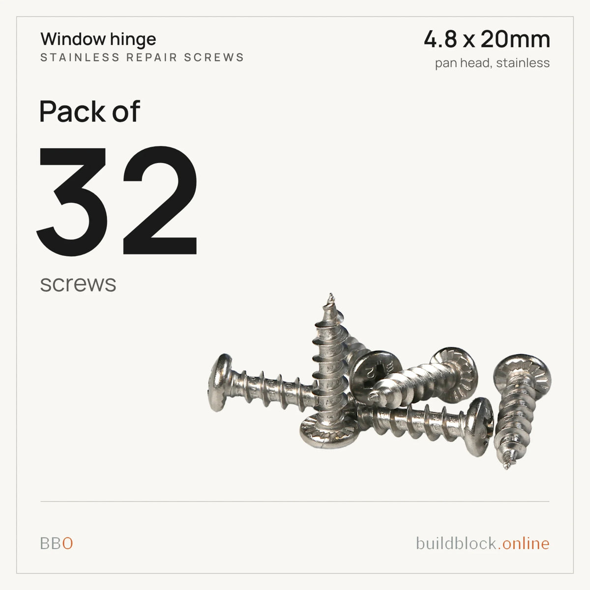 Pack of 32 stainless repair screws 4.8 x 20mm