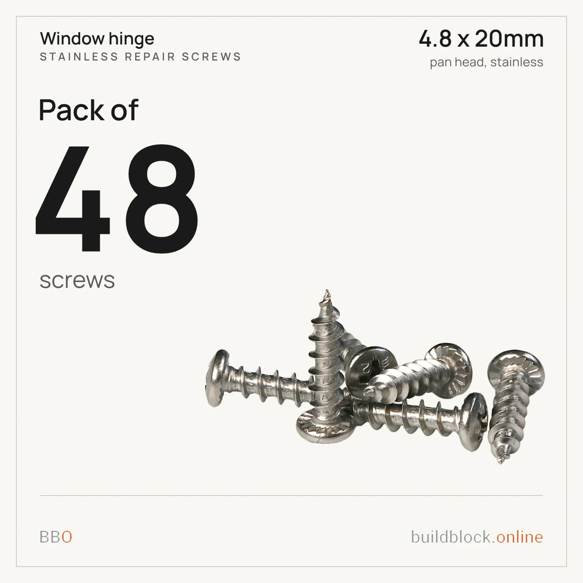 Pack of 48 stainless repair screws 4.8 x 20mm