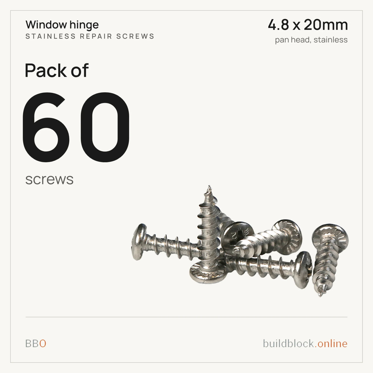 Pack of 60 stainless repair screws 4.8 x 20mm
