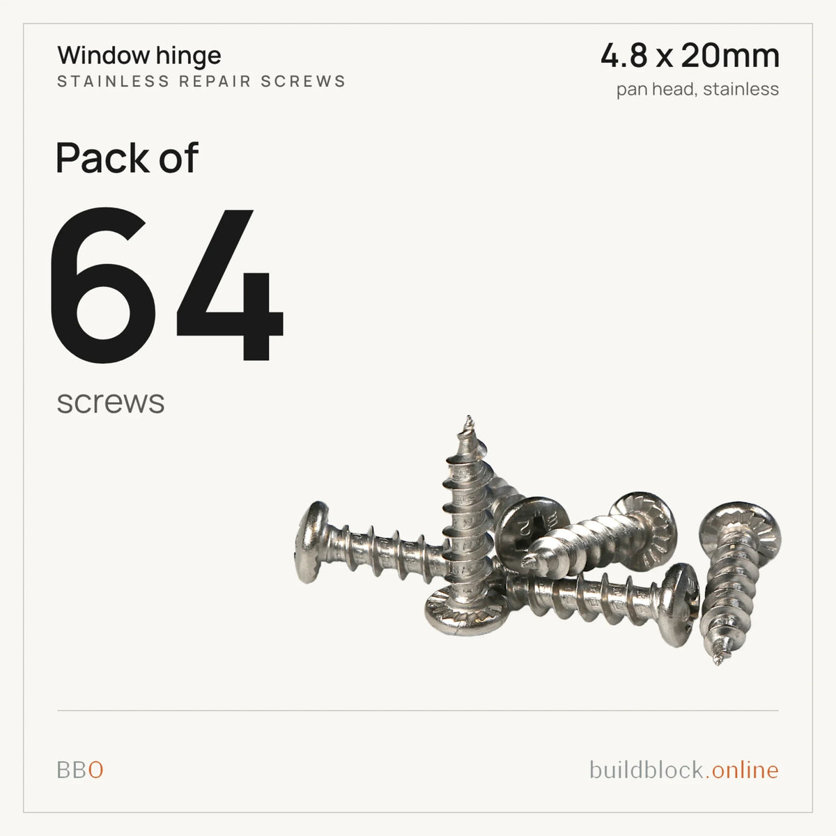 Pack of 64 stainless repair screws 4.8 x 20mm