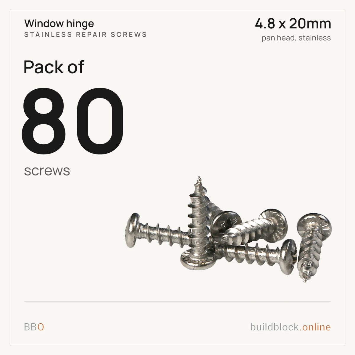 Pack of 80 stainless repair screws 4.8 x 20mm