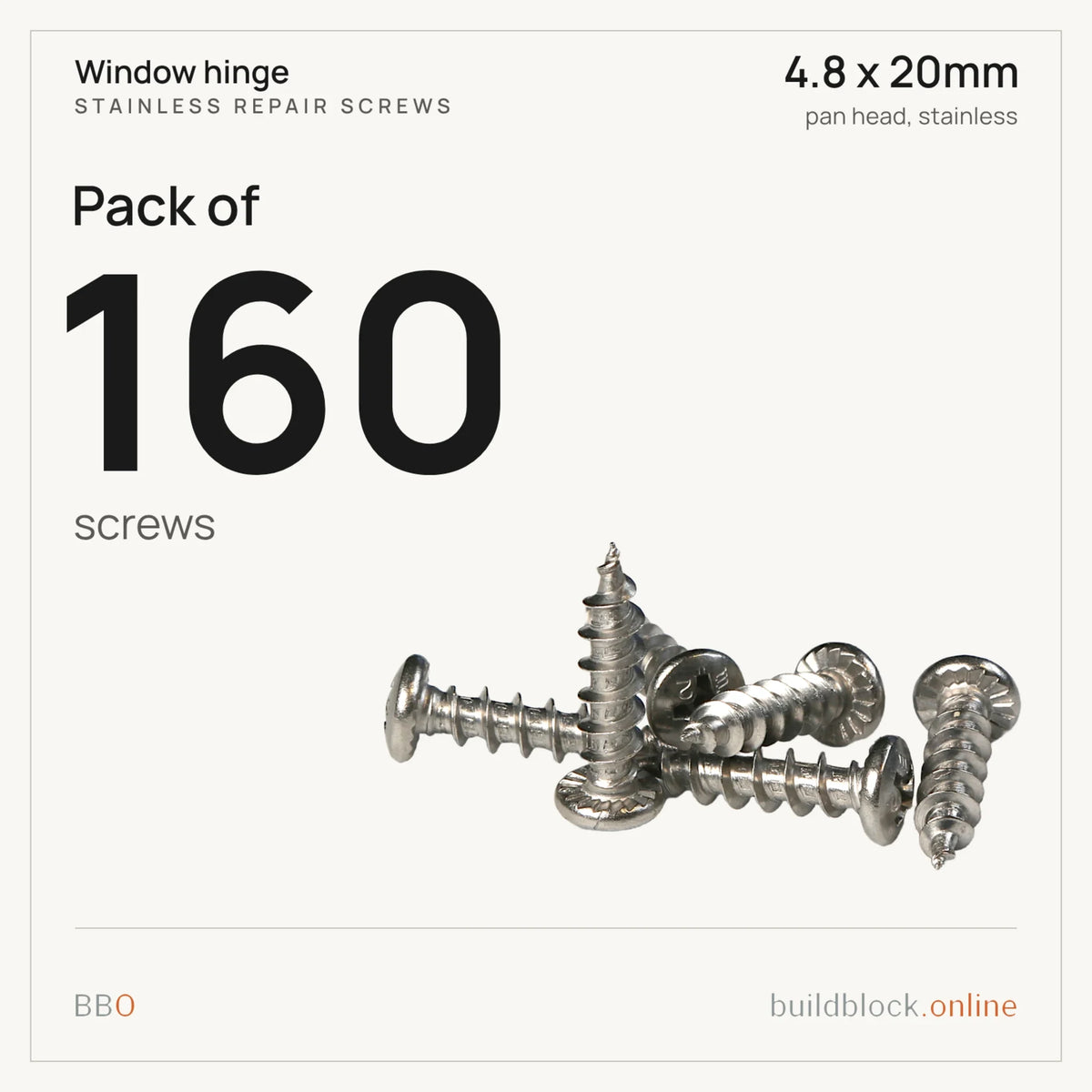 Pack of 160 stainless repair screws 4.8 x 20mm