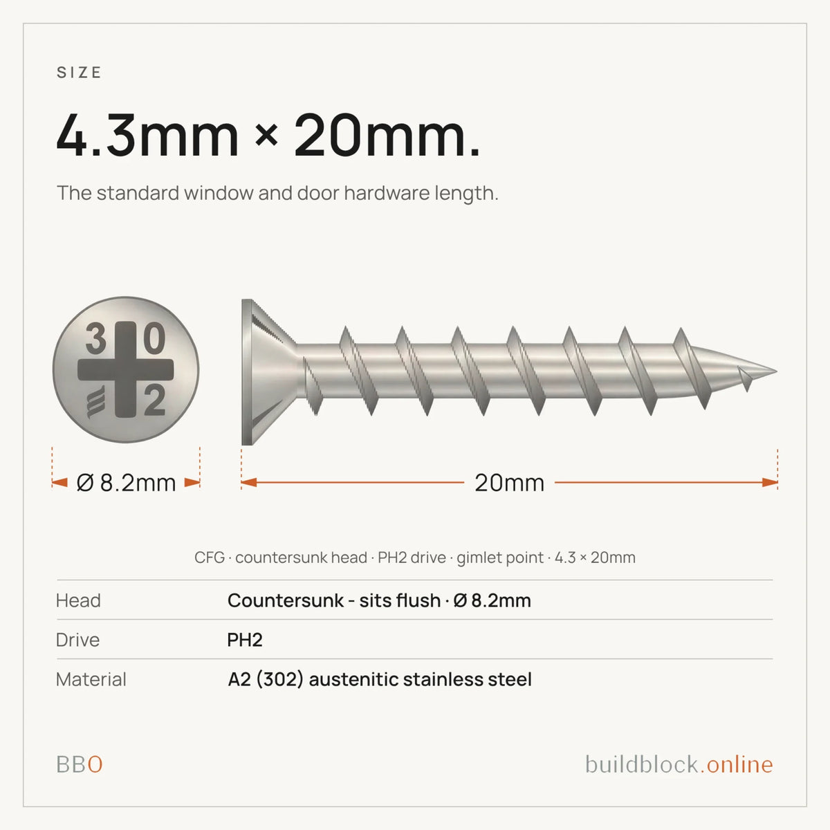 Stainless countersunk window screw 4.3 x 20mm - size card