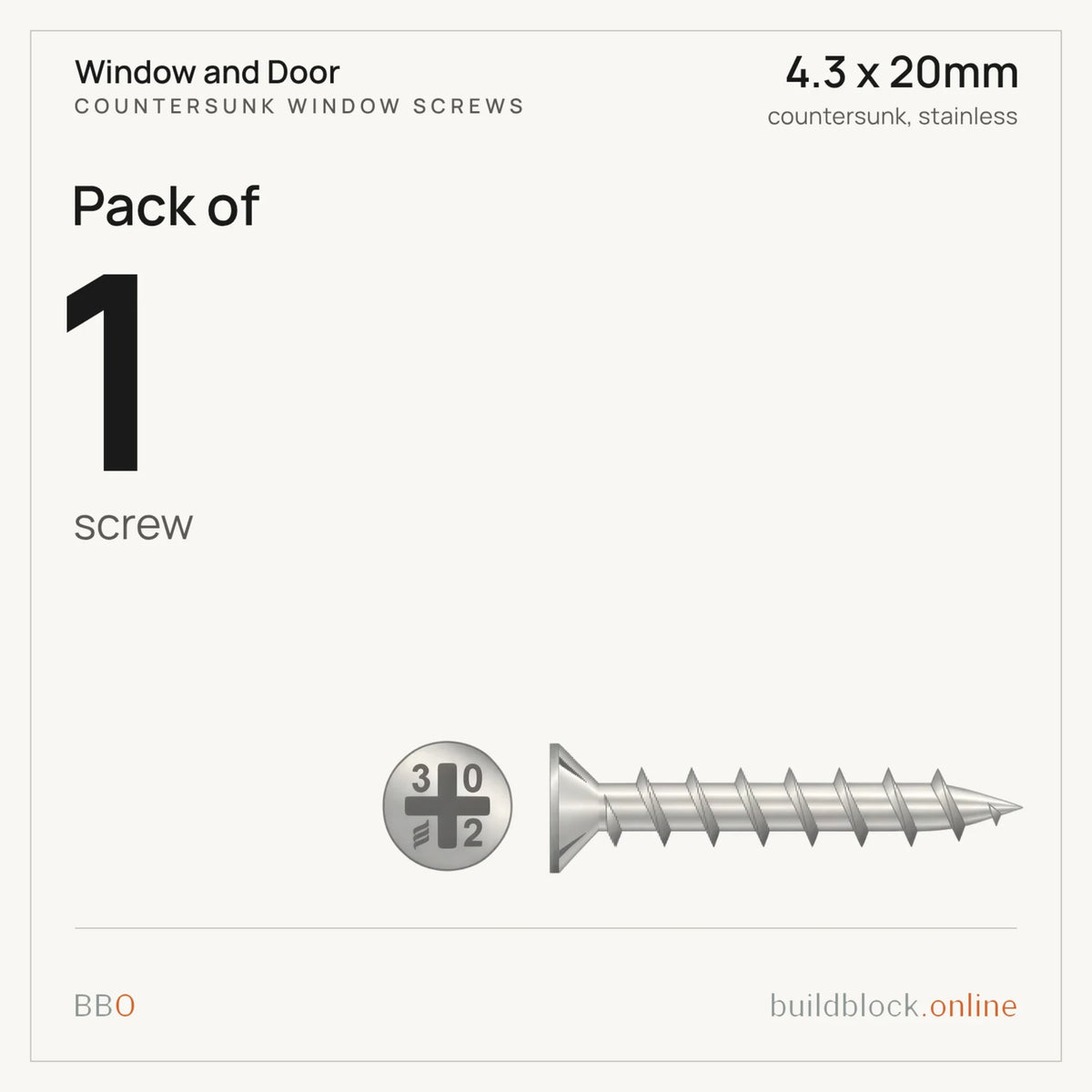 Pack of 1 stainless countersunk window screw 4.3 x 20mm