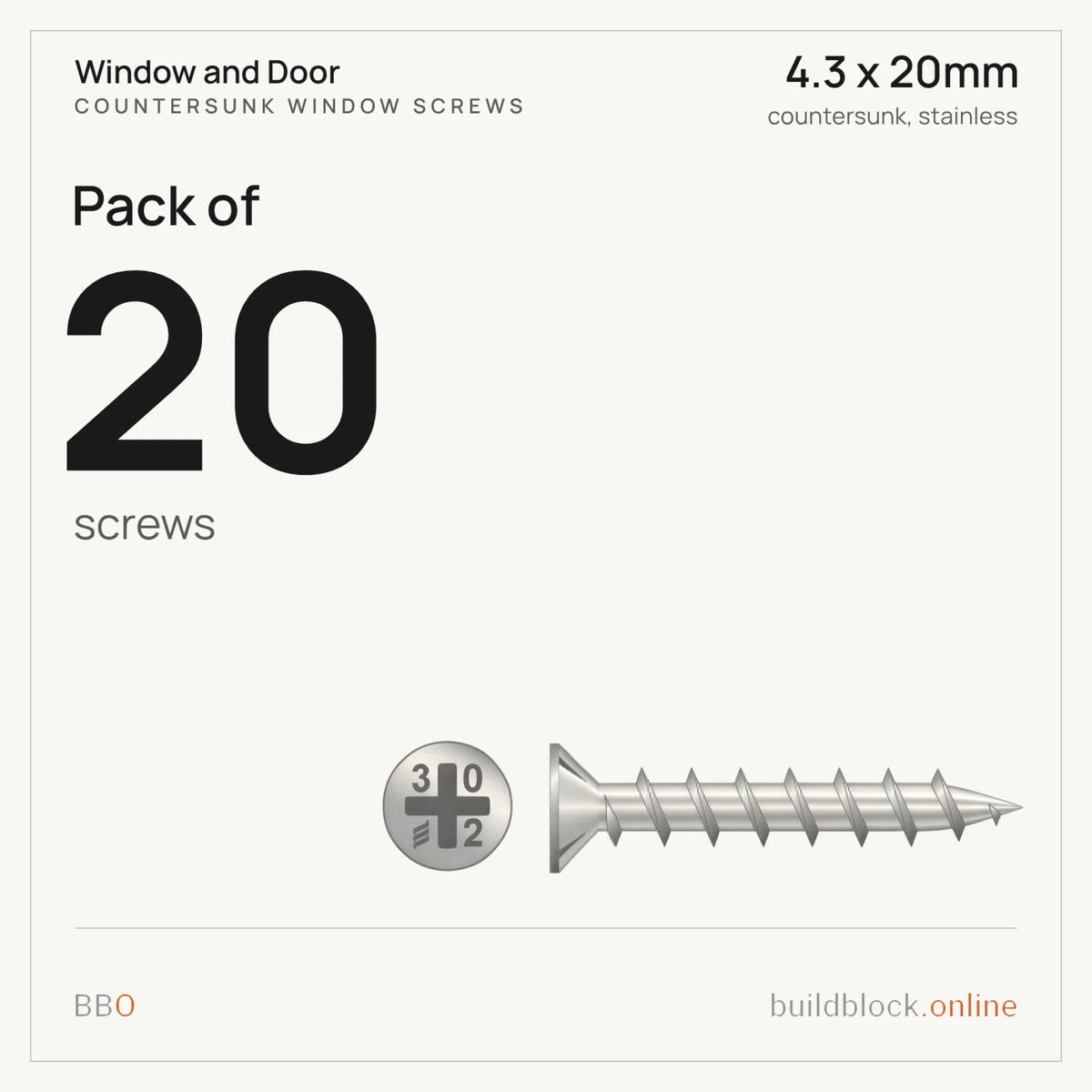 Pack of 20 stainless countersunk window screw 4.3 x 20mm