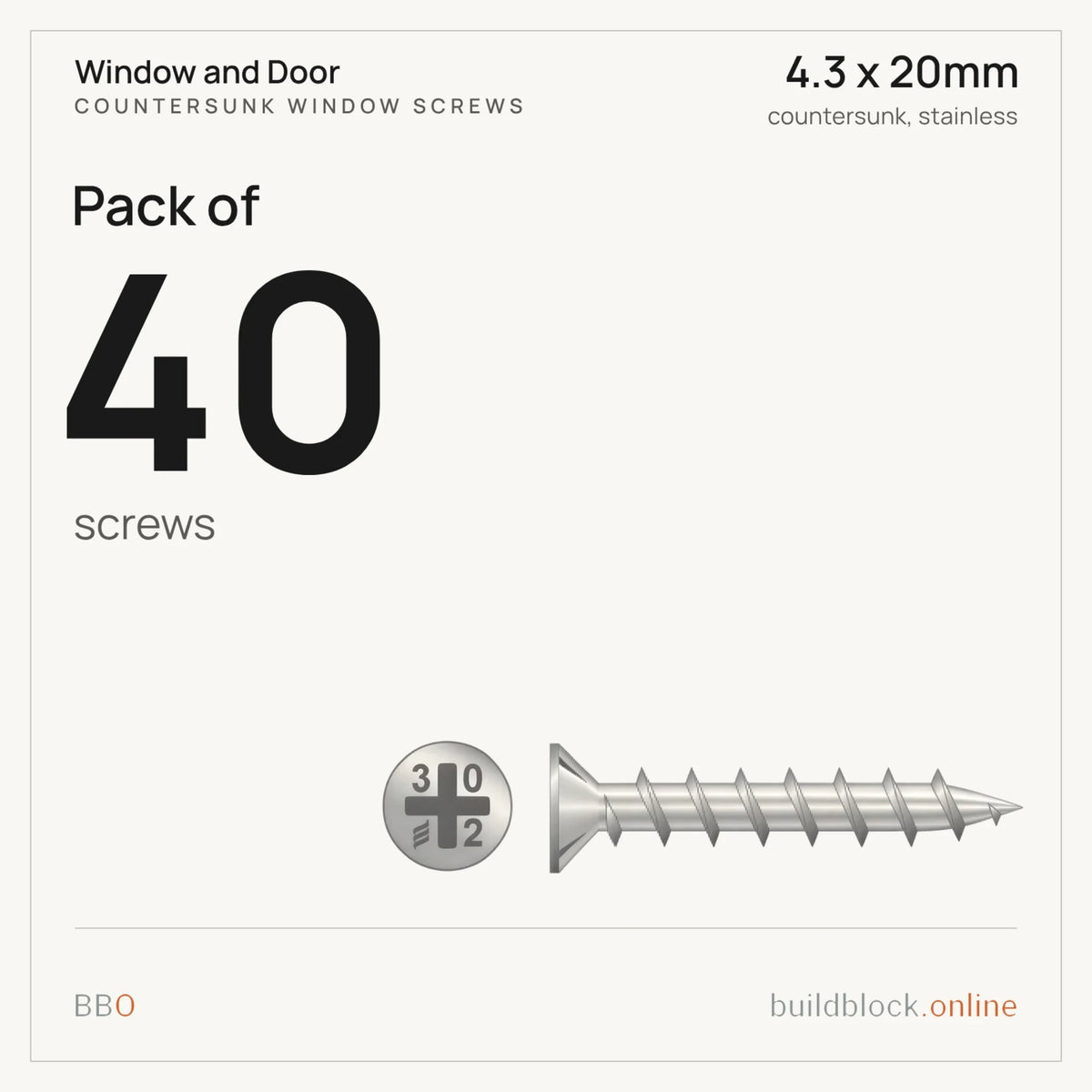 Pack of 40 stainless countersunk window screw 4.3 x 20mm