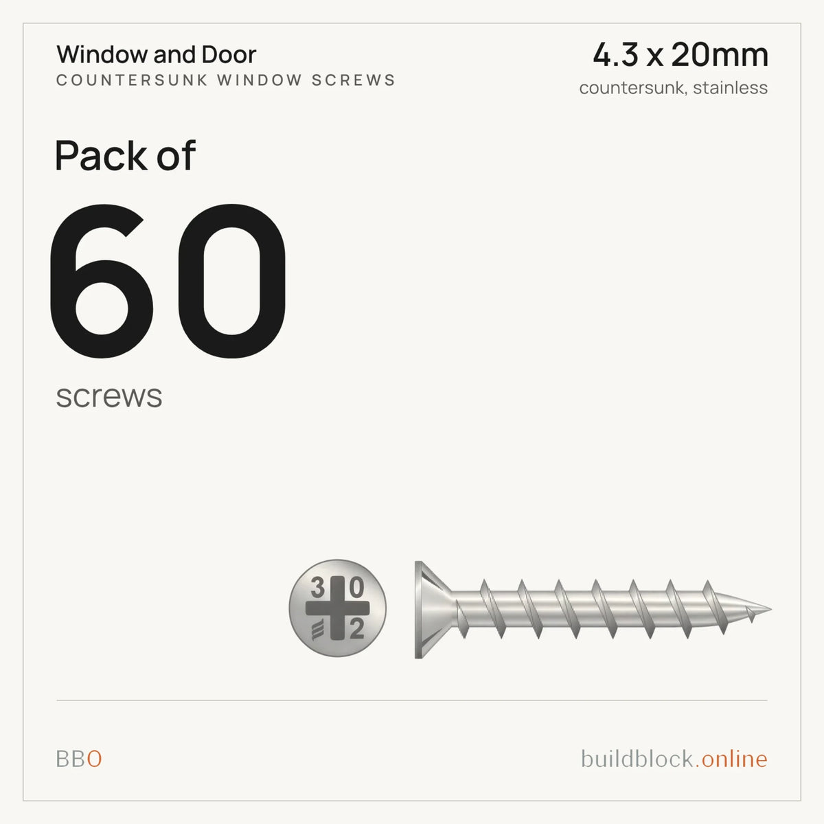 Pack of 60 stainless countersunk window screw 4.3 x 20mm