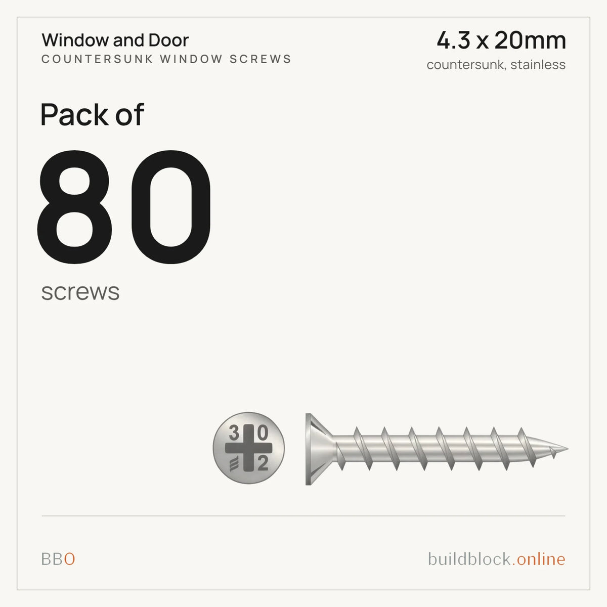 Pack of 80 stainless countersunk window screw 4.3 x 20mm