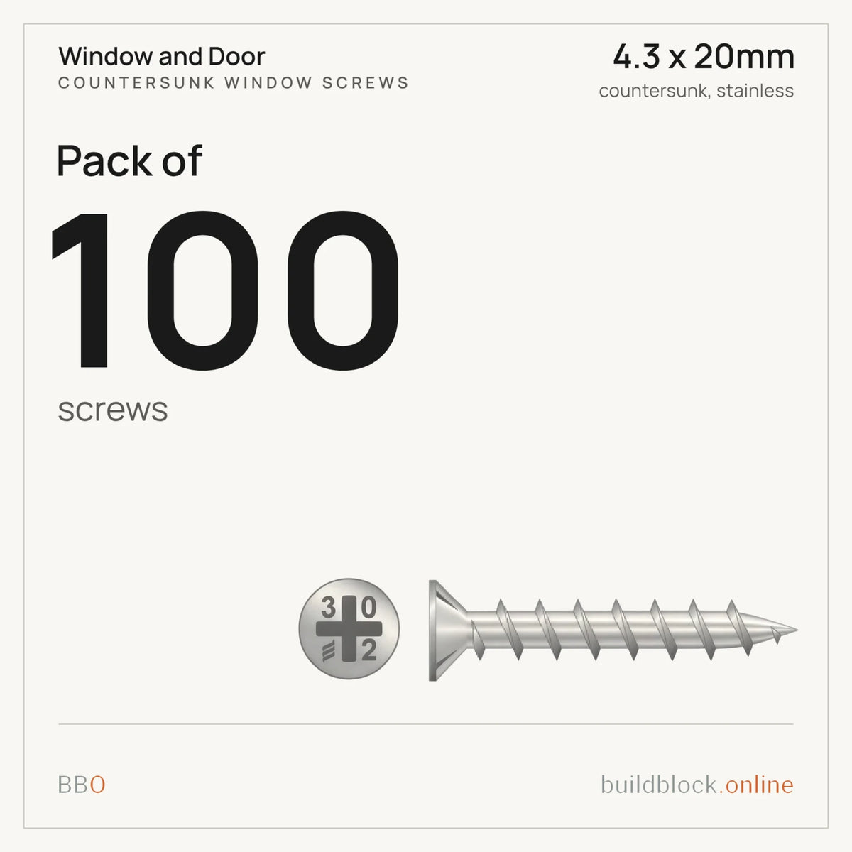 Pack of 100 stainless countersunk window screw 4.3 x 20mm