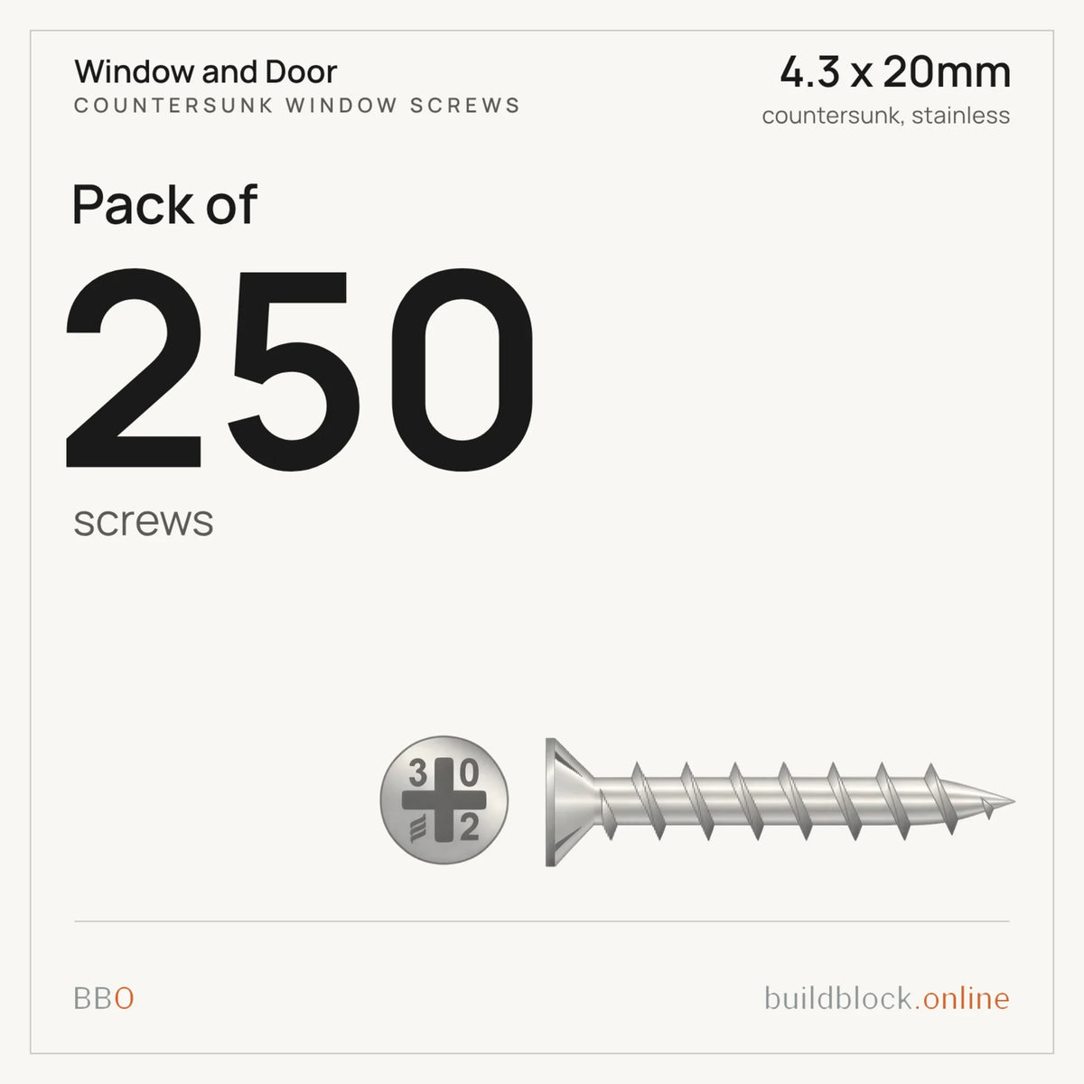 Pack of 250 stainless countersunk window screw 4.3 x 20mm