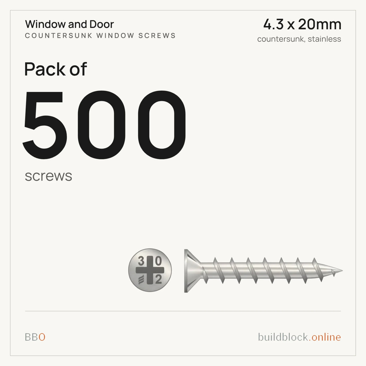 Pack of 500 stainless countersunk window screw 4.3 x 20mm