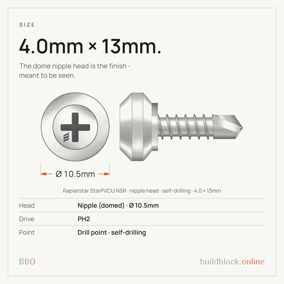 Zinc nipple screw 4.0 x 13mm - size, head 10.5mm