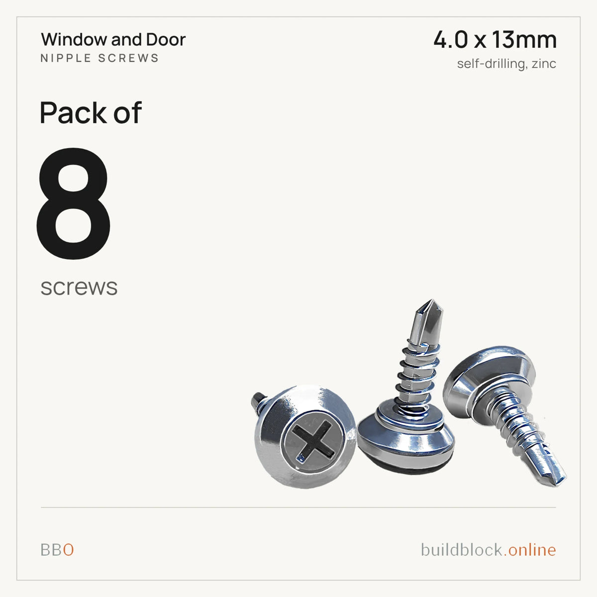 Pack of 8 zinc nipple screws 4.0 x 13mm