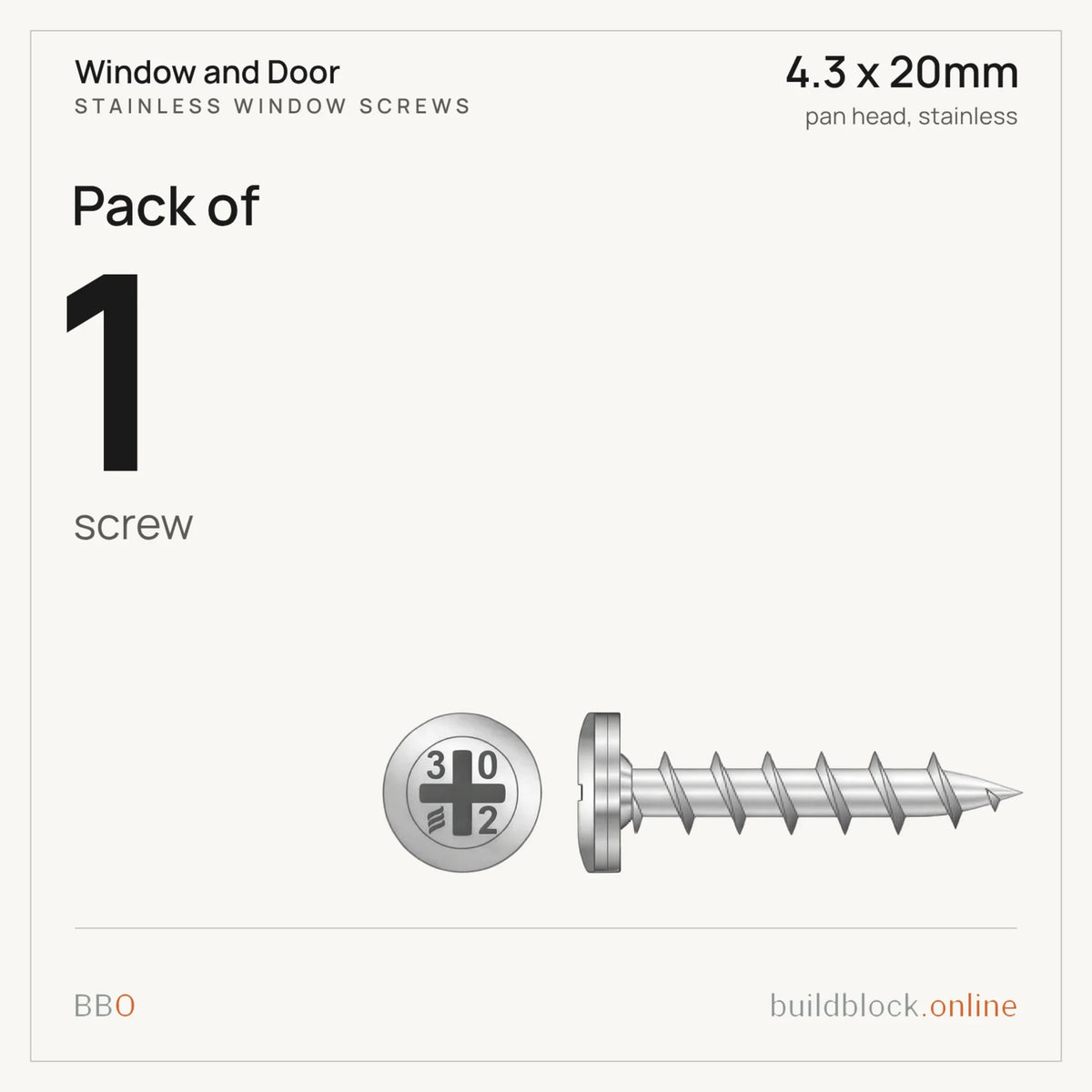 Pack of 1 stainless pan head window screw 4.3 x 20mm