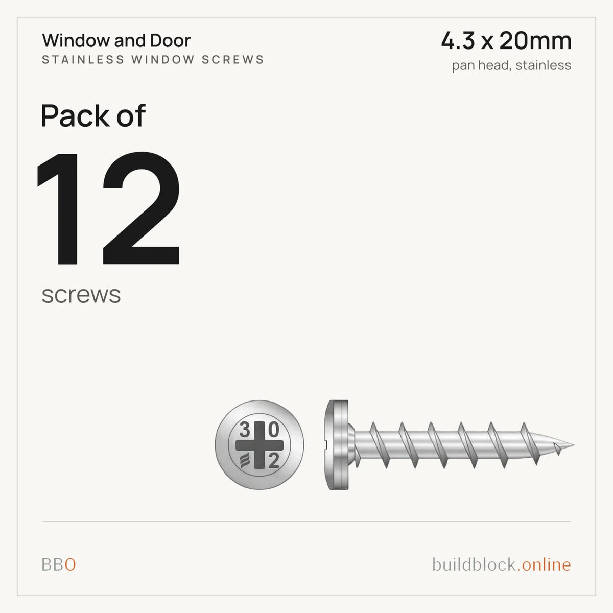 Pack of 12 stainless pan head window screw 4.3 x 20mm