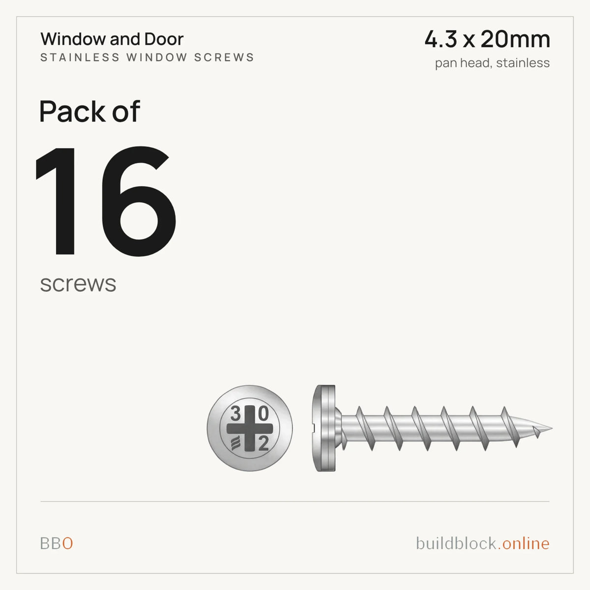 Pack of 16 stainless pan head window screw 4.3 x 20mm