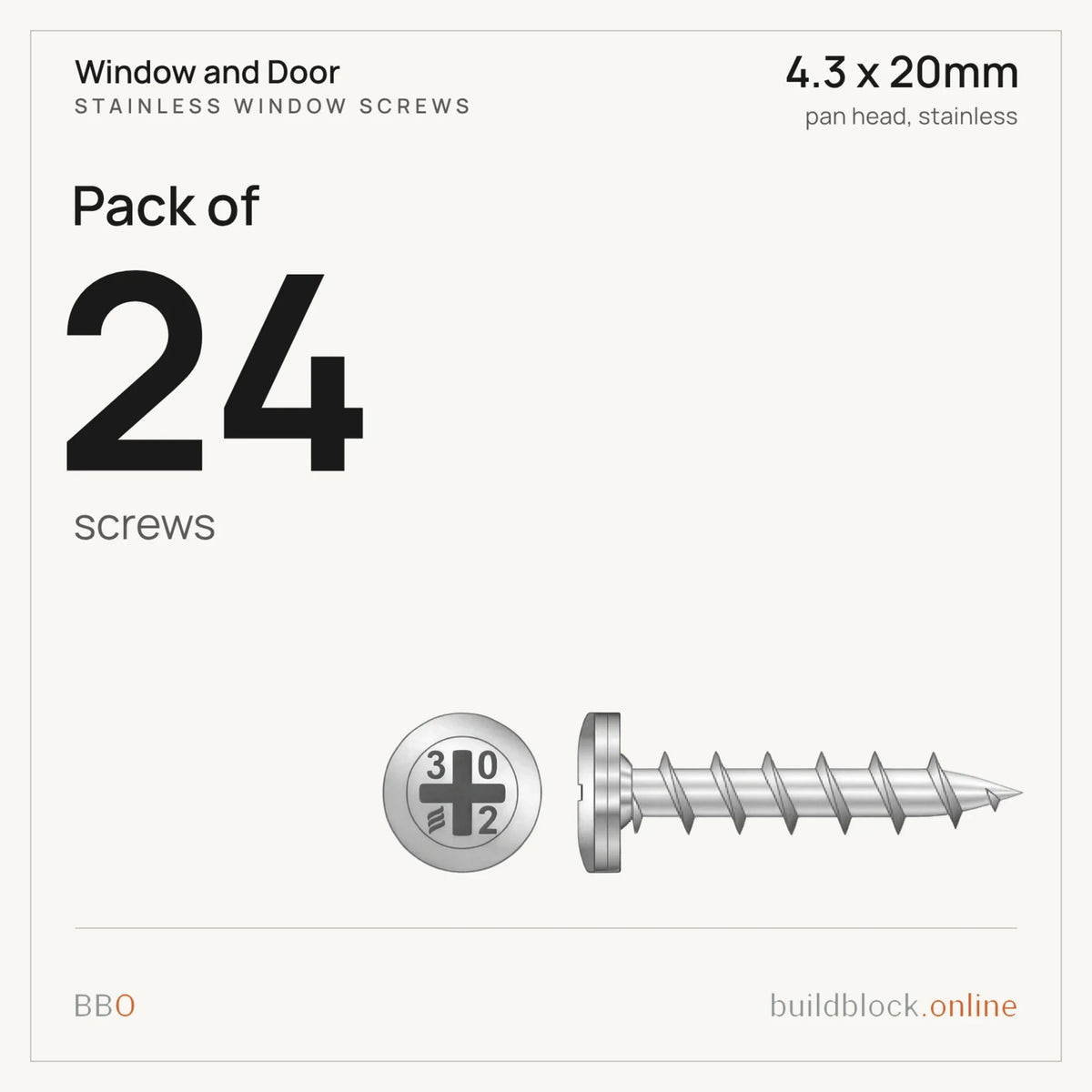 Pack of 24 stainless pan head window screw 4.3 x 20mm