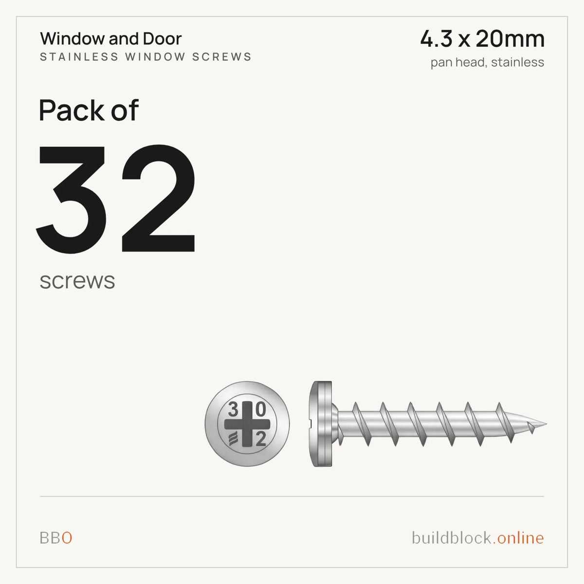 Pack of 32 stainless pan head window screw 4.3 x 20mm