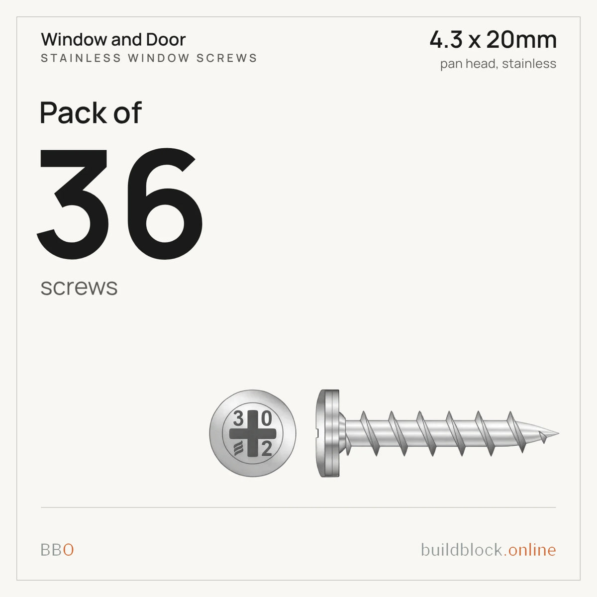 Pack of 36 stainless pan head window screw 4.3 x 20mm