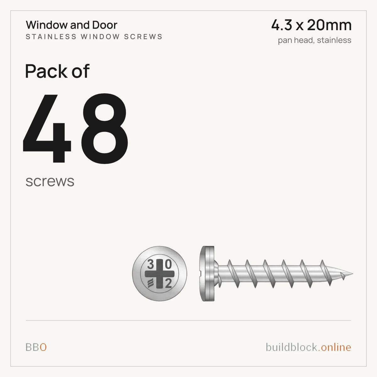 Pack of 48 stainless pan head window screw 4.3 x 20mm