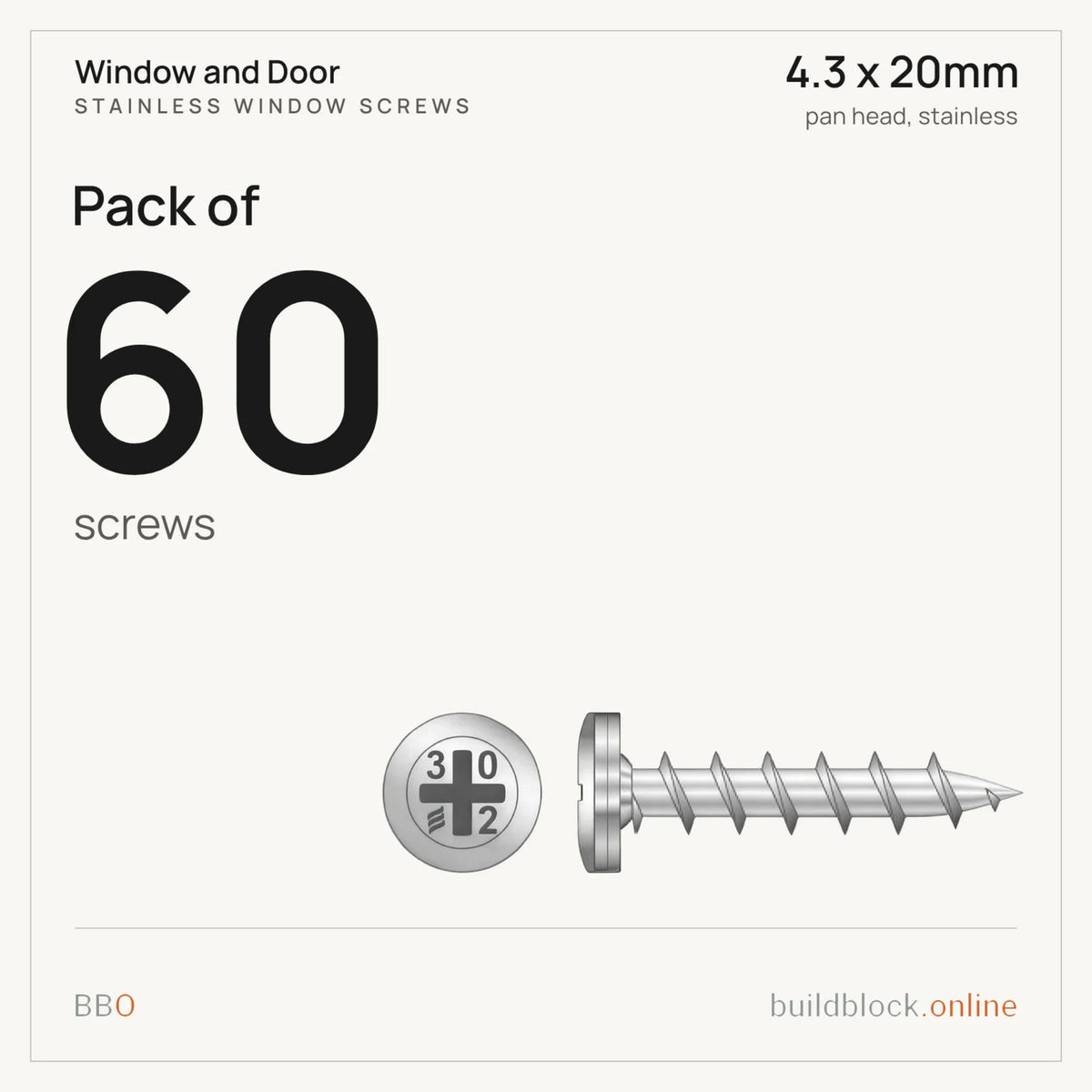 Pack of 60 stainless pan head window screw 4.3 x 20mm