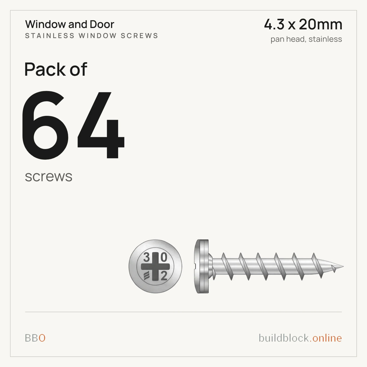 Pack of 64 stainless pan head window screw 4.3 x 20mm