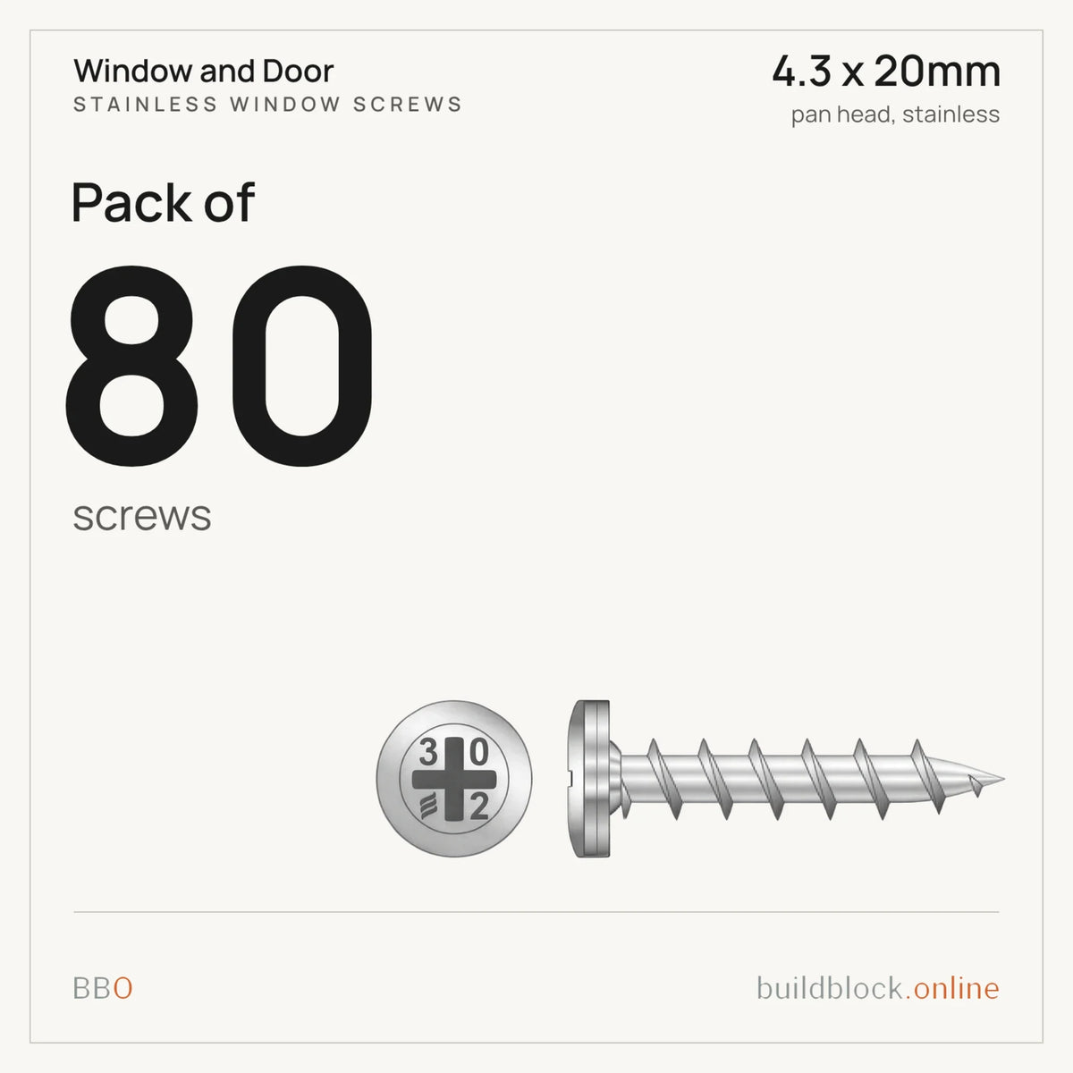 Pack of 80 stainless pan head window screw 4.3 x 20mm