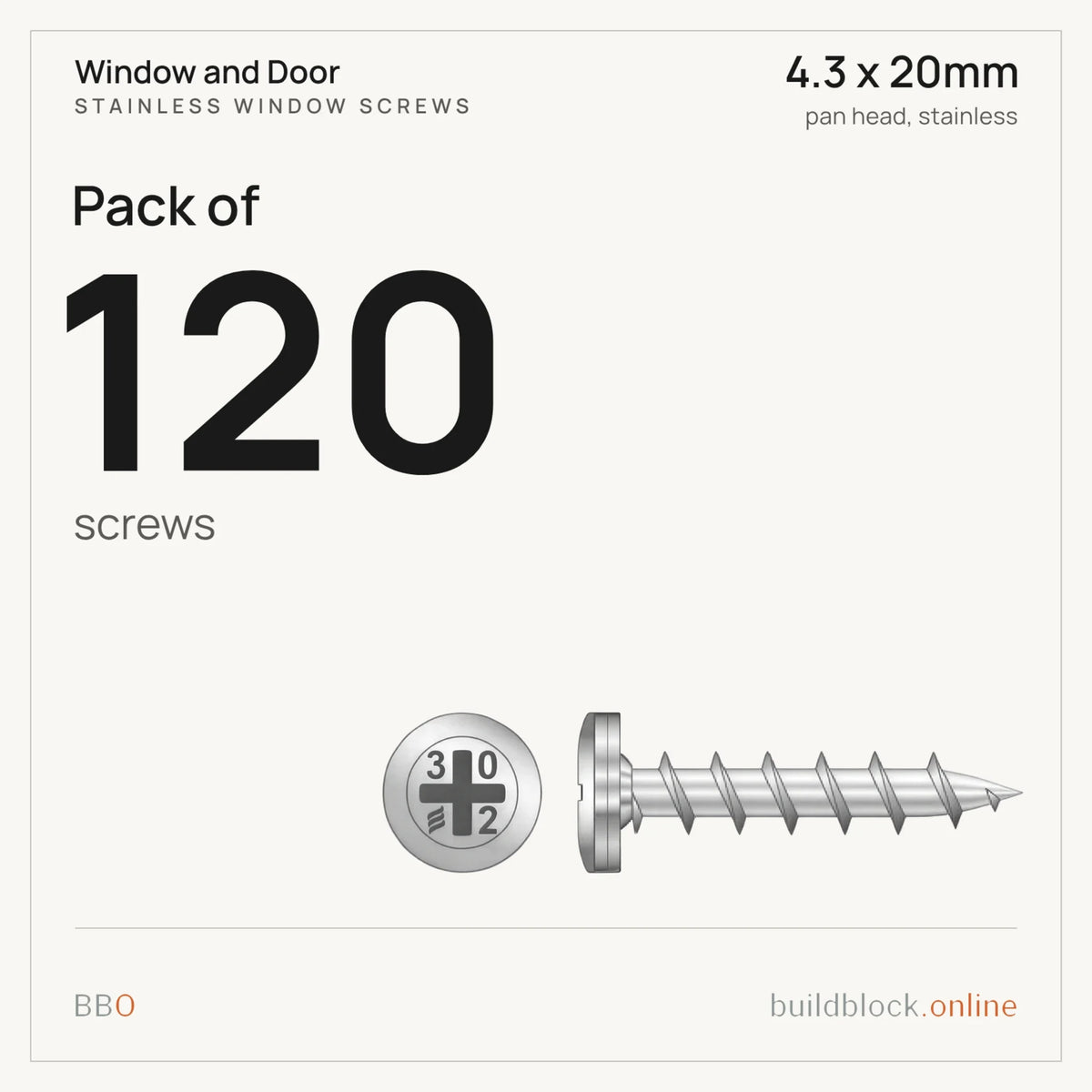 Pack of 120 stainless pan head window screw 4.3 x 20mm