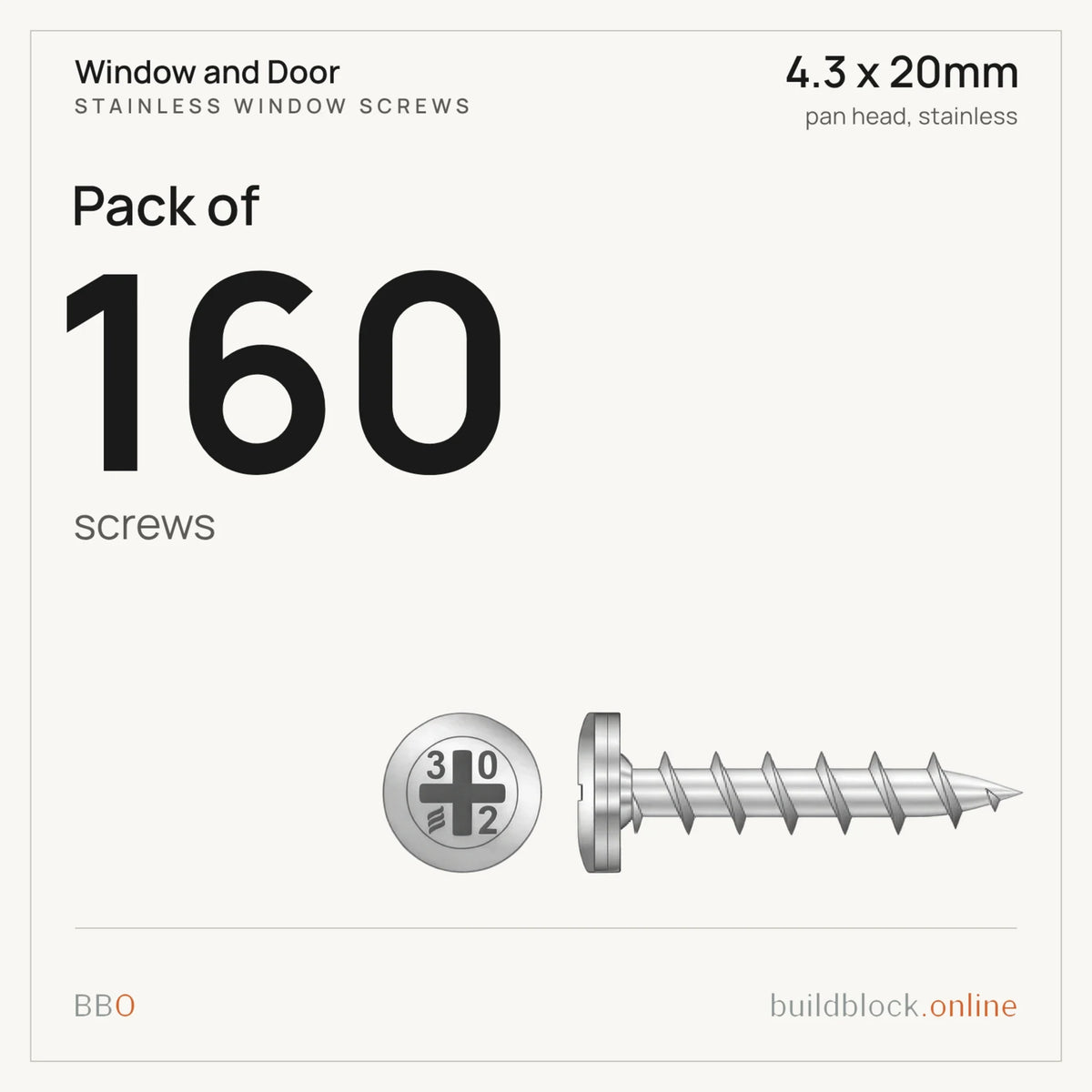 Pack of 160 stainless pan head window screw 4.3 x 20mm