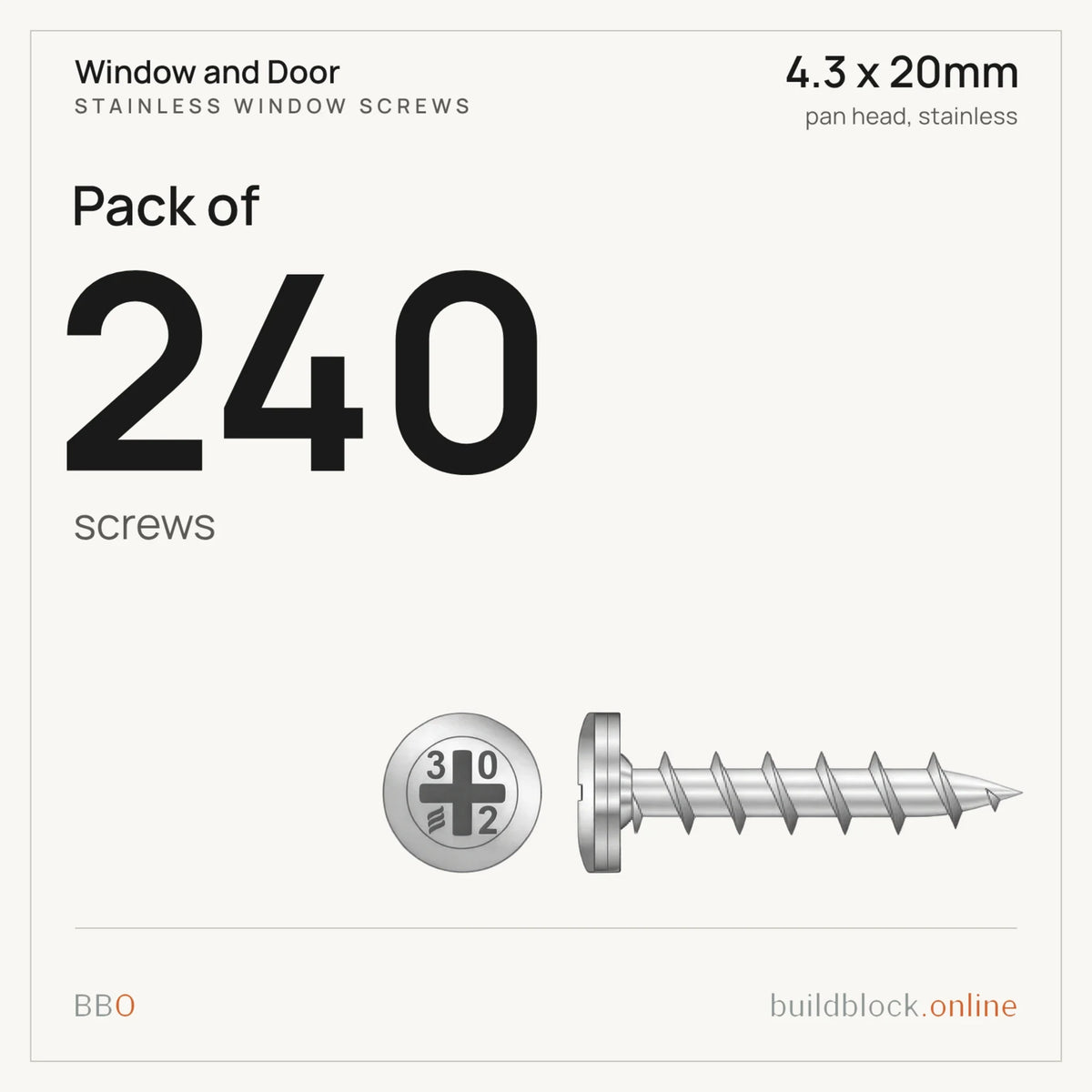 Pack of 240 stainless pan head window screw 4.3 x 20mm