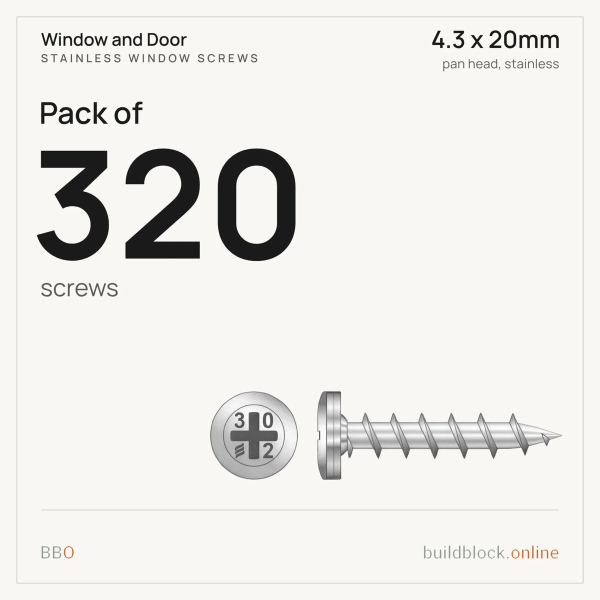 Pack of 320 stainless pan head window screw 4.3 x 20mm